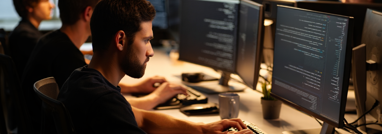 Time focado de squad ágil programando em computadores