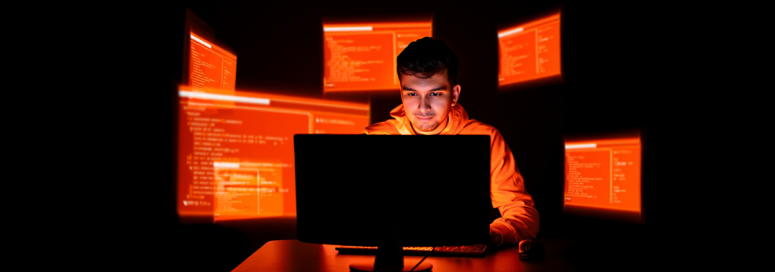 Homem sentado à frente do computador, com hologramas de IA, na fase de discovery de produto